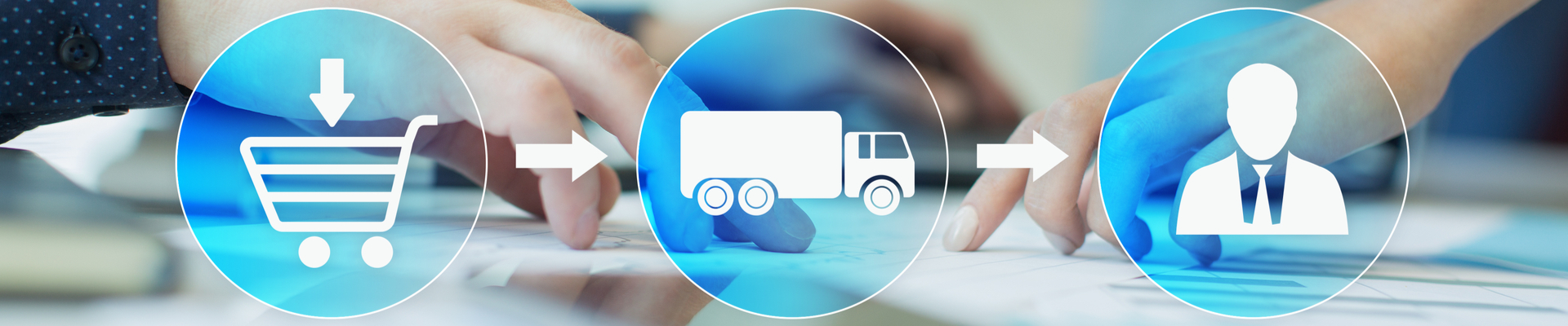 Infographic with a cart, lorry and customer depicting supply chain
