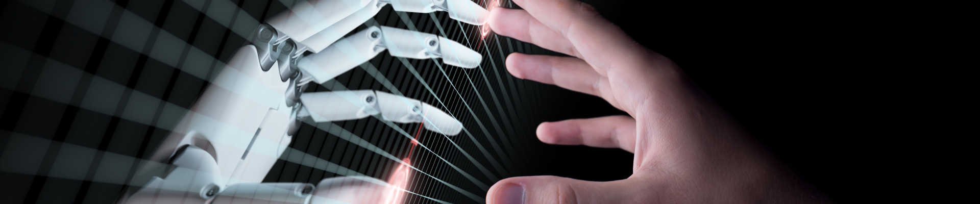 Hands of Robot and Human Touching. Virtual Reality or Artificial Intelligence Technology