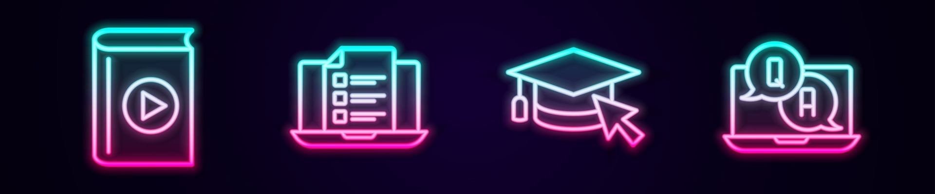 Set line Audio book, Online quiz, test, survey, Graduation cap with cursor and Question and Answer. Glowing neon icon. Vector