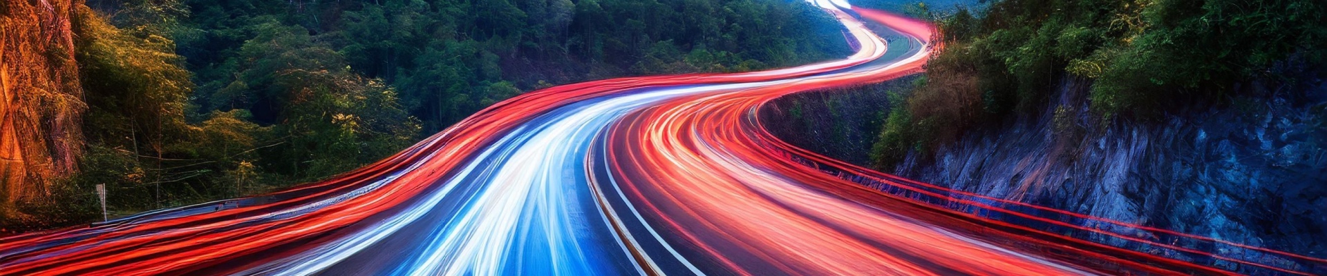 Wave motion speed red and blue lighting background, the movement of the lights with curve in showing road or highway with forest mountain